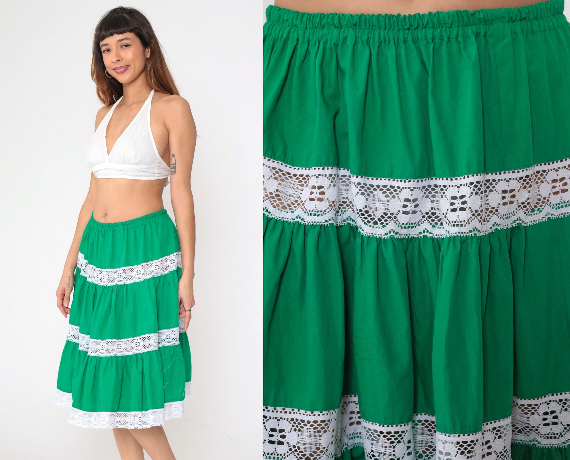 70s Green Tiered Midi Skirt Lace Trim High Waist Small