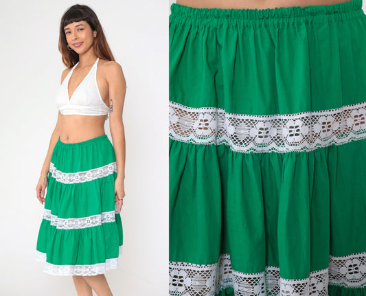 70s Green Tiered Midi Skirt Lace Trim High Waist Small