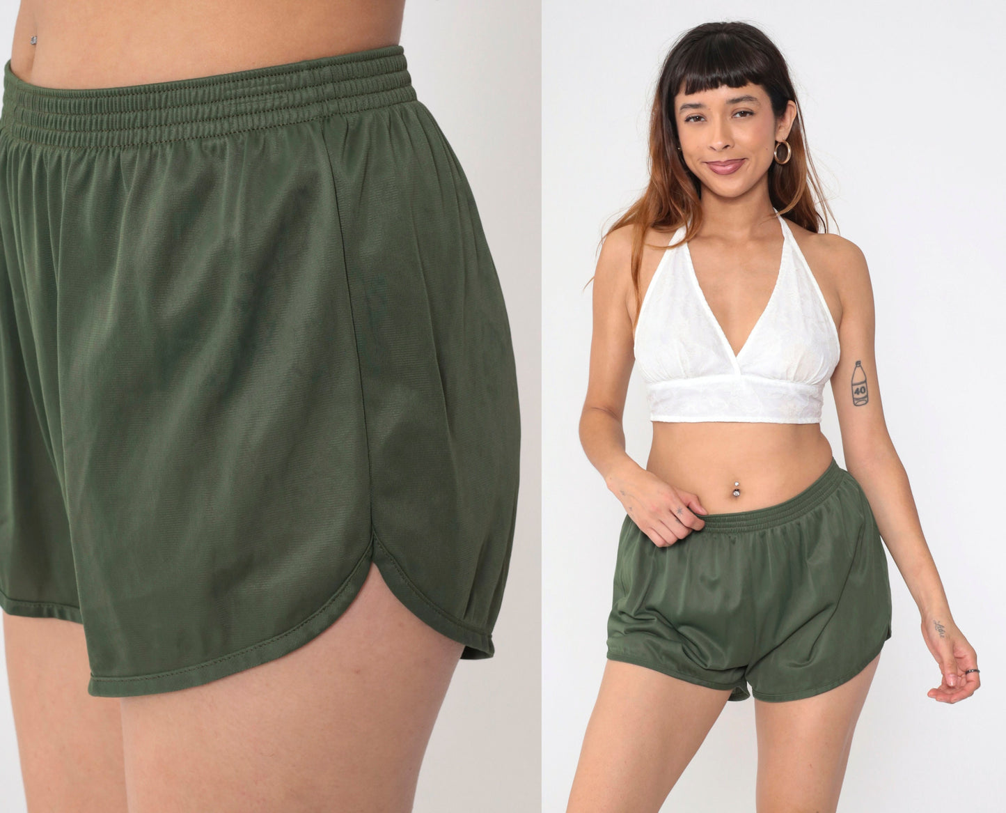 80s Soffe Dolphin Shorts Olive Green High-Waist Nylon Medium