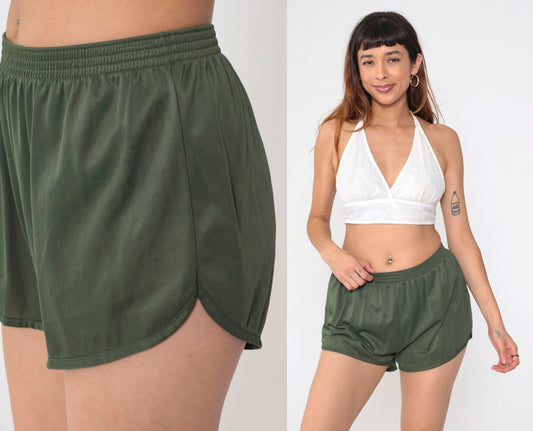 80s Soffe Dolphin Shorts Olive Green High-Waist Nylon Medium