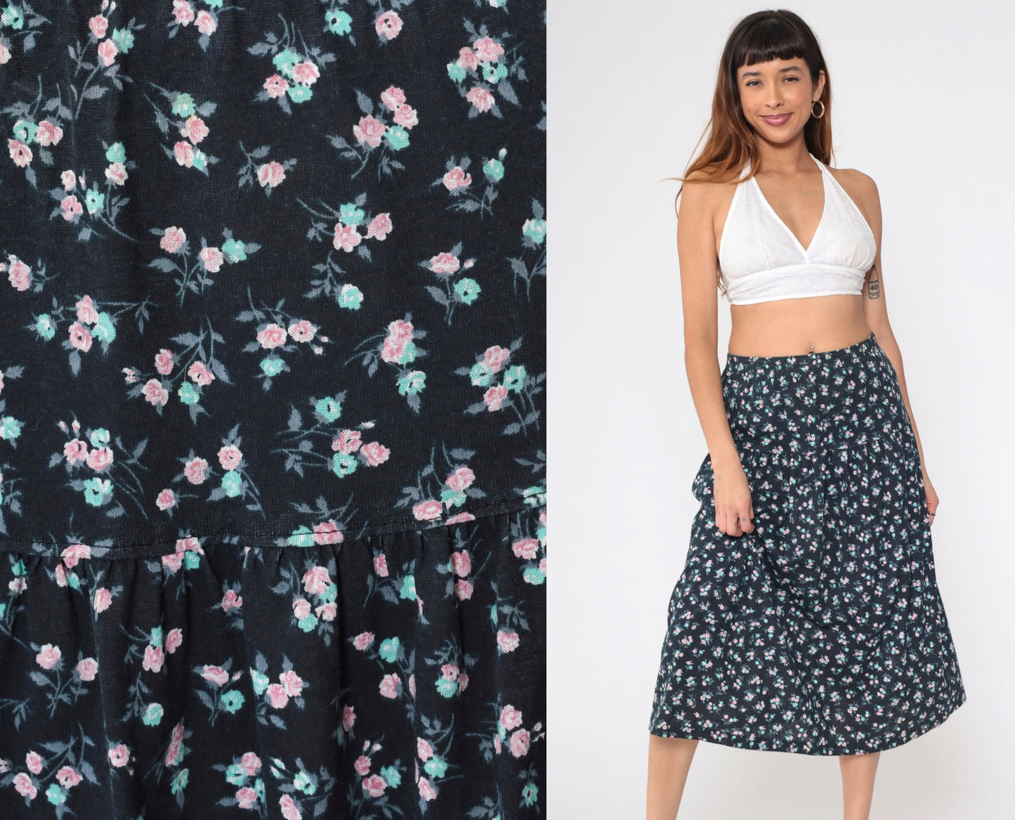 90s Black Floral Midi Skirt High Waist Yoke Calico Print Medium