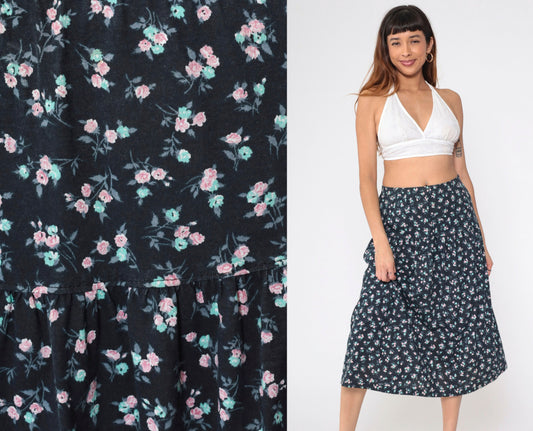 90s Black Floral Midi Skirt High Waist Yoke Calico Print Medium