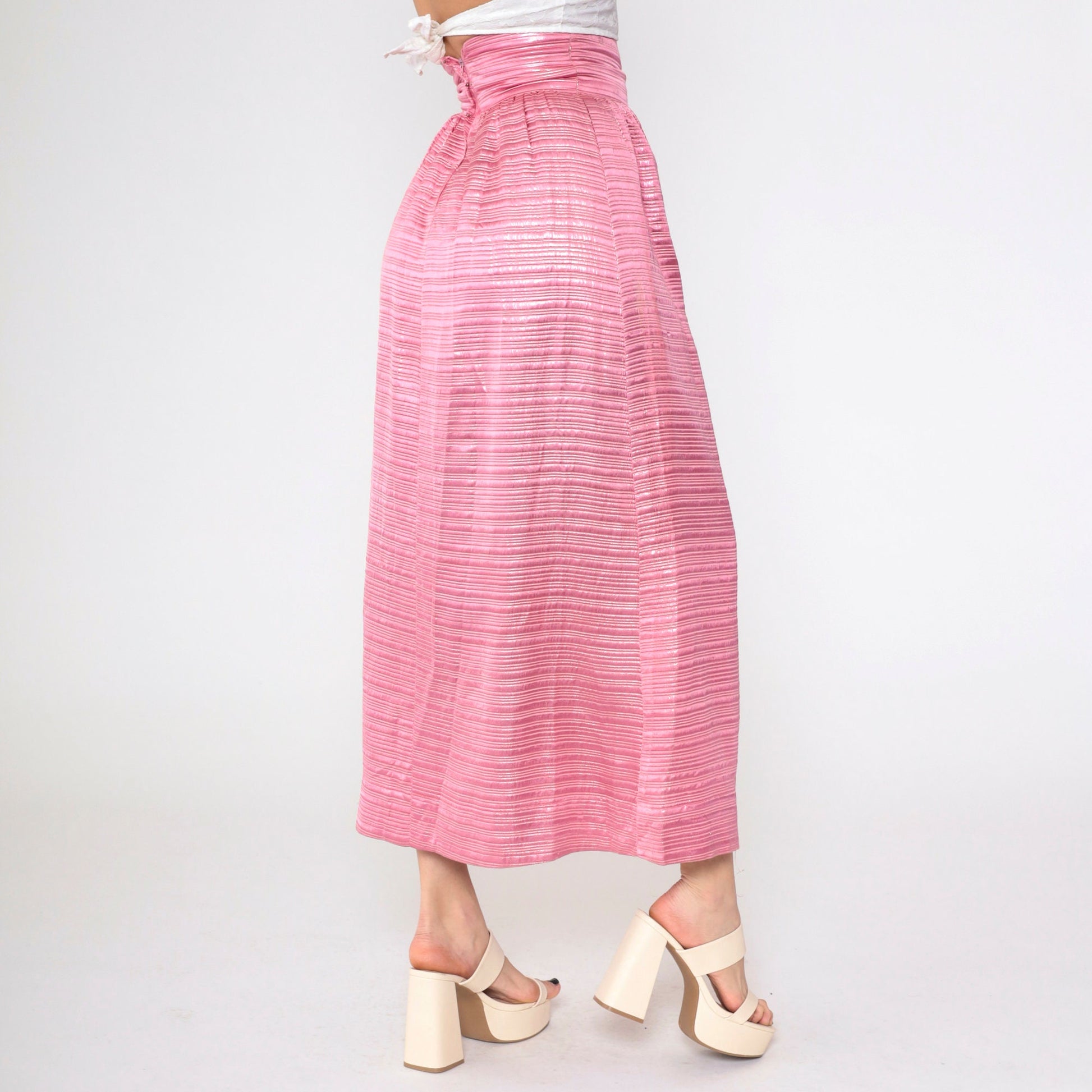 60s Pink Metallic Maxi Skirt High Waisted Formal Evening Wear Extra Small