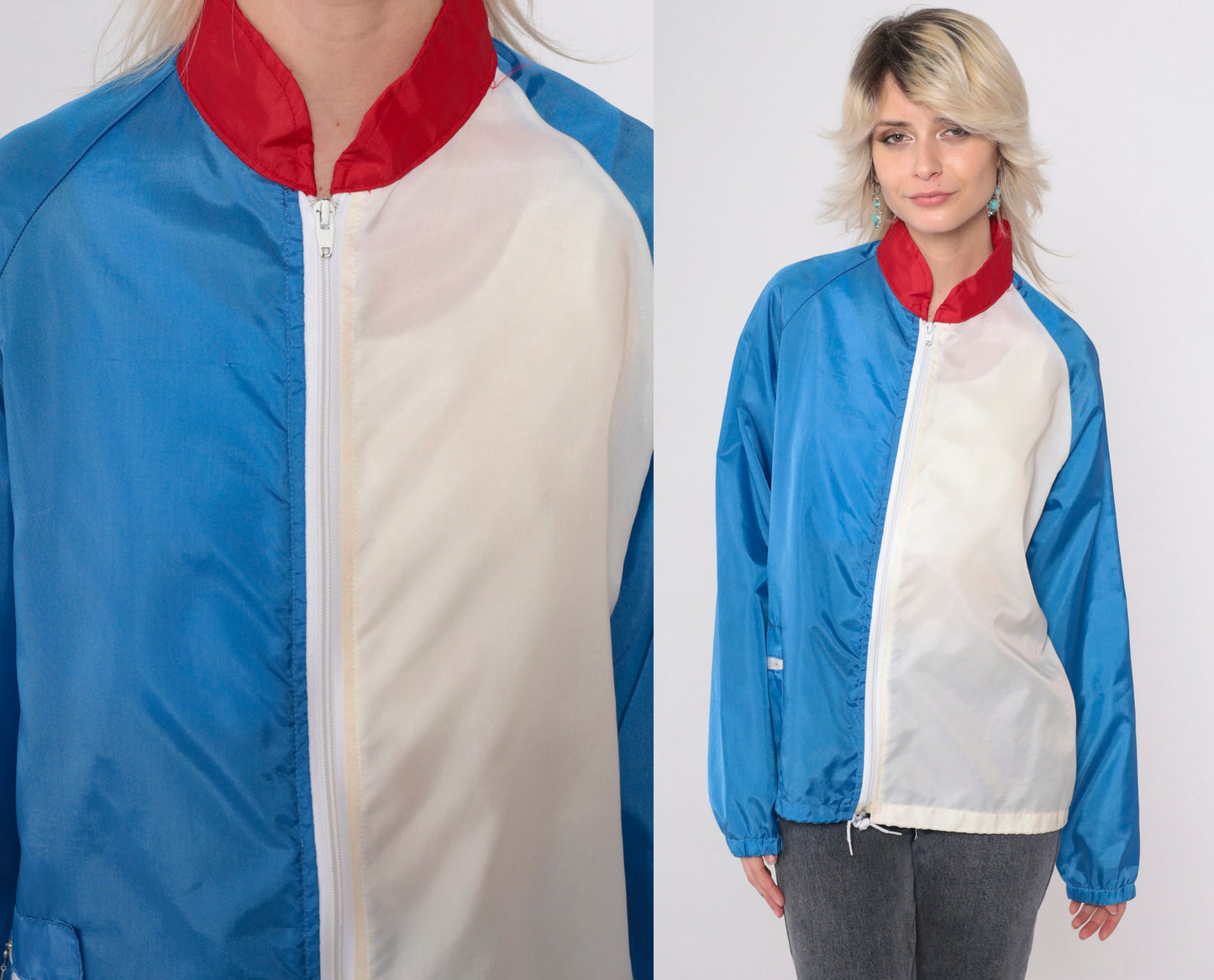 80s Baseball Windbreaker Jacket Blue White Colour Block Raglan Medium