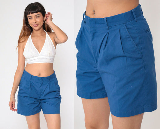 80s Blue Pleated High-Waisted Shorts Cotton Blend Medium