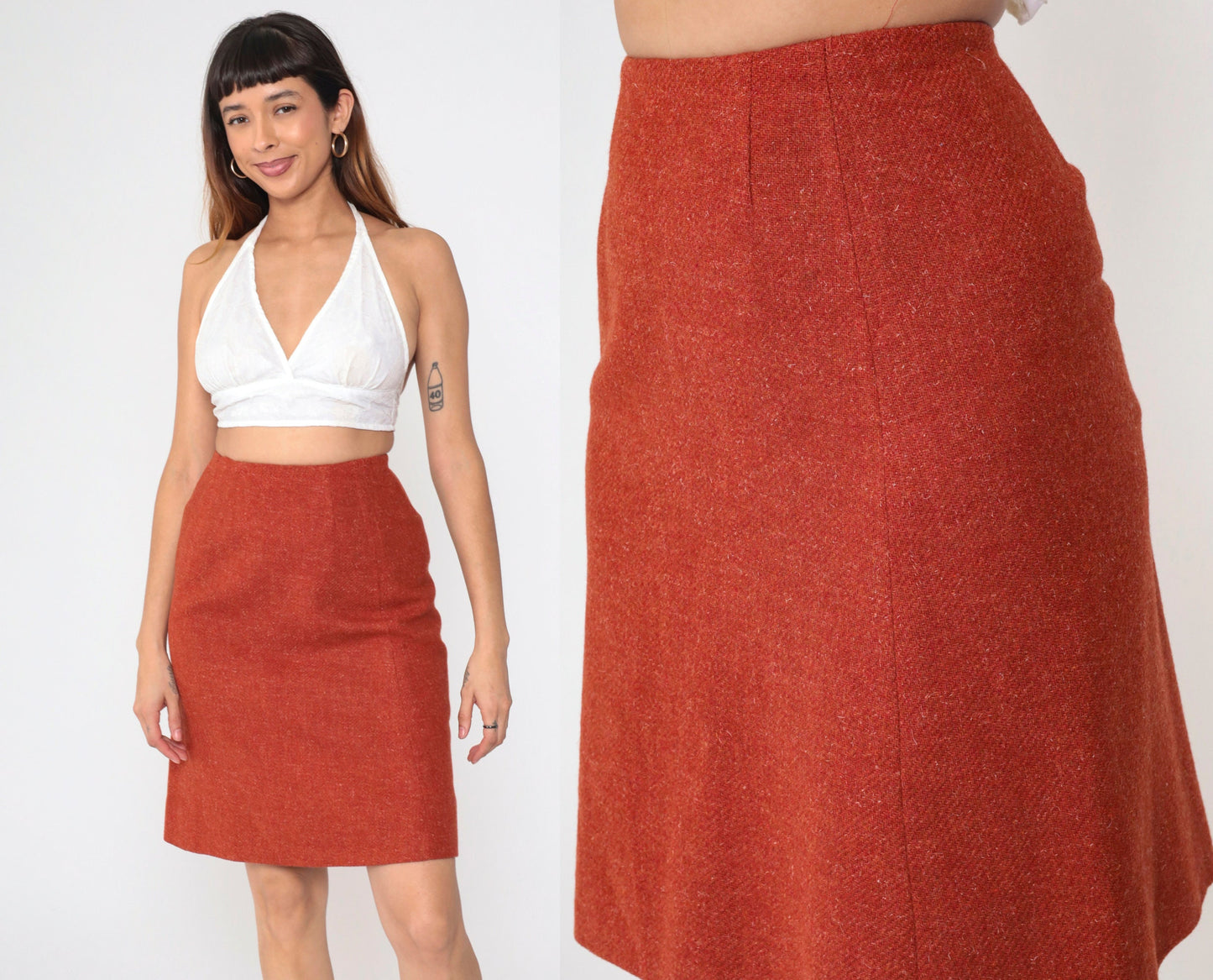 70s Wool Blend Mini Pencil Skirt High Waist Rust Orange Flecked Extra Small