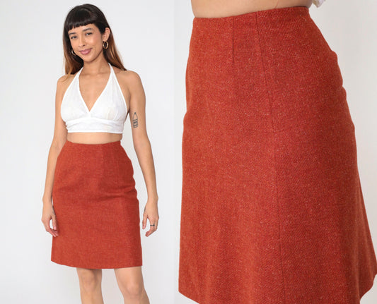 70s Wool Blend Mini Pencil Skirt High Waist Rust Orange Flecked Extra Small