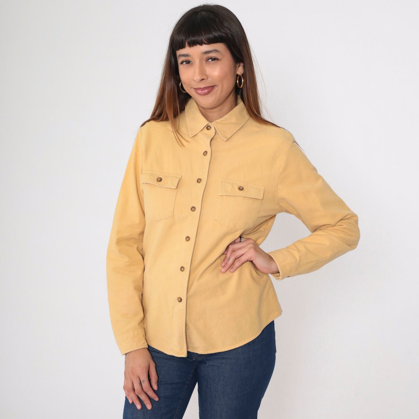 90s LL Bean Cotton Button Up Shirt Muted Yellow Long Sleeve Medium