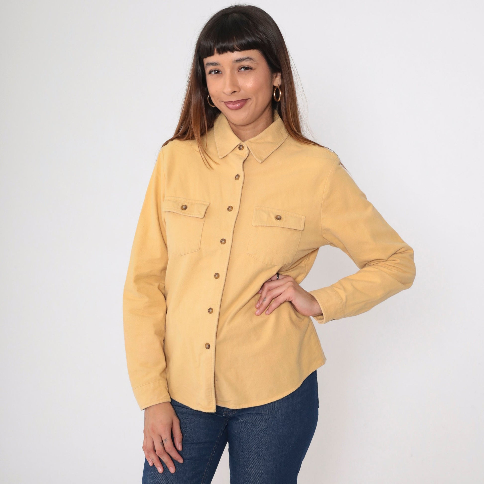 90s LL Bean Cotton Button Up Shirt Muted Yellow Long Sleeve Medium