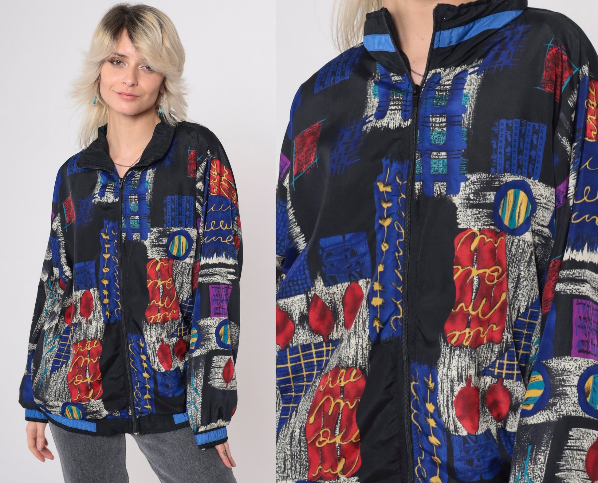 90s Patchwork Windbreaker Black Checkered Abstract Full Zip Jacket Medium