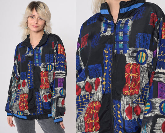 90s Patchwork Windbreaker Black Checkered Abstract Full Zip Jacket Medium