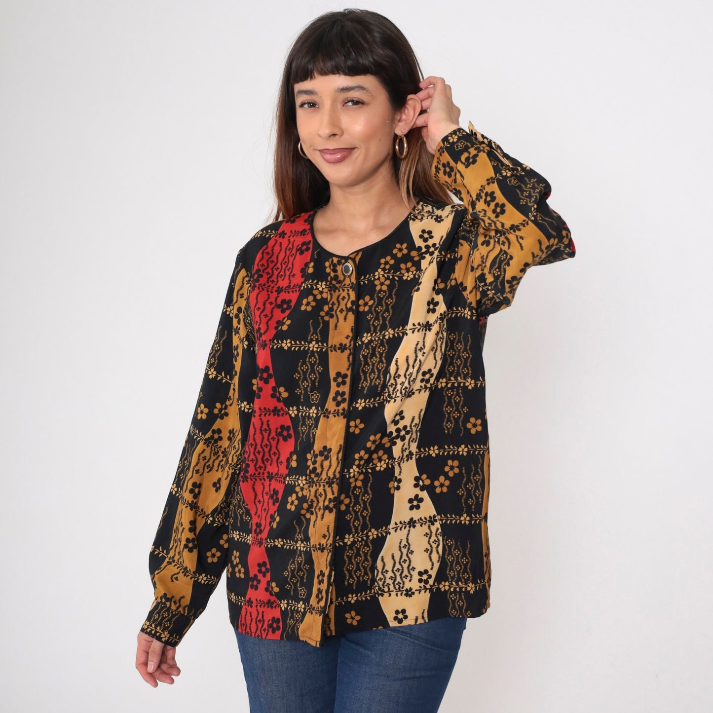 90s Jordan Floral Button-Up Blouse Hidden Buttons Long Sleeve Black Red Brown Large