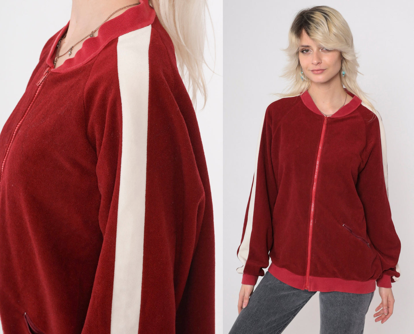 80s Lee Velour Track Jacket Burgundy Striped Zip Up Extra Large XL