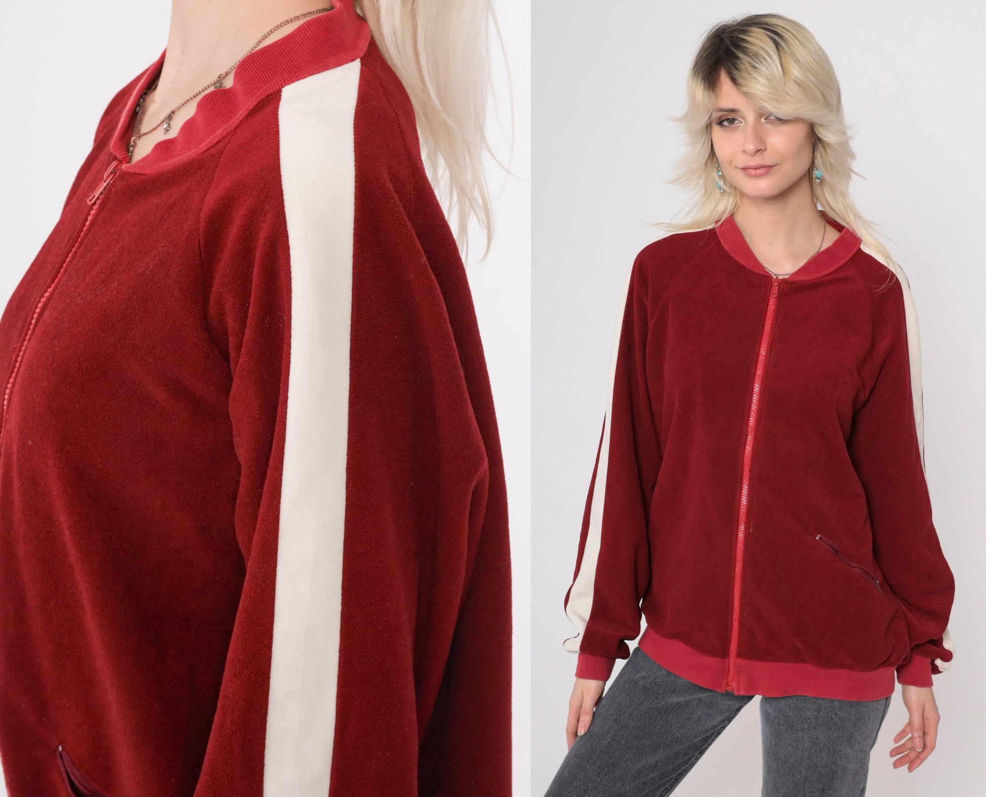 80s Lee Velour Track Jacket Burgundy Striped Zip Up Extra Large XL