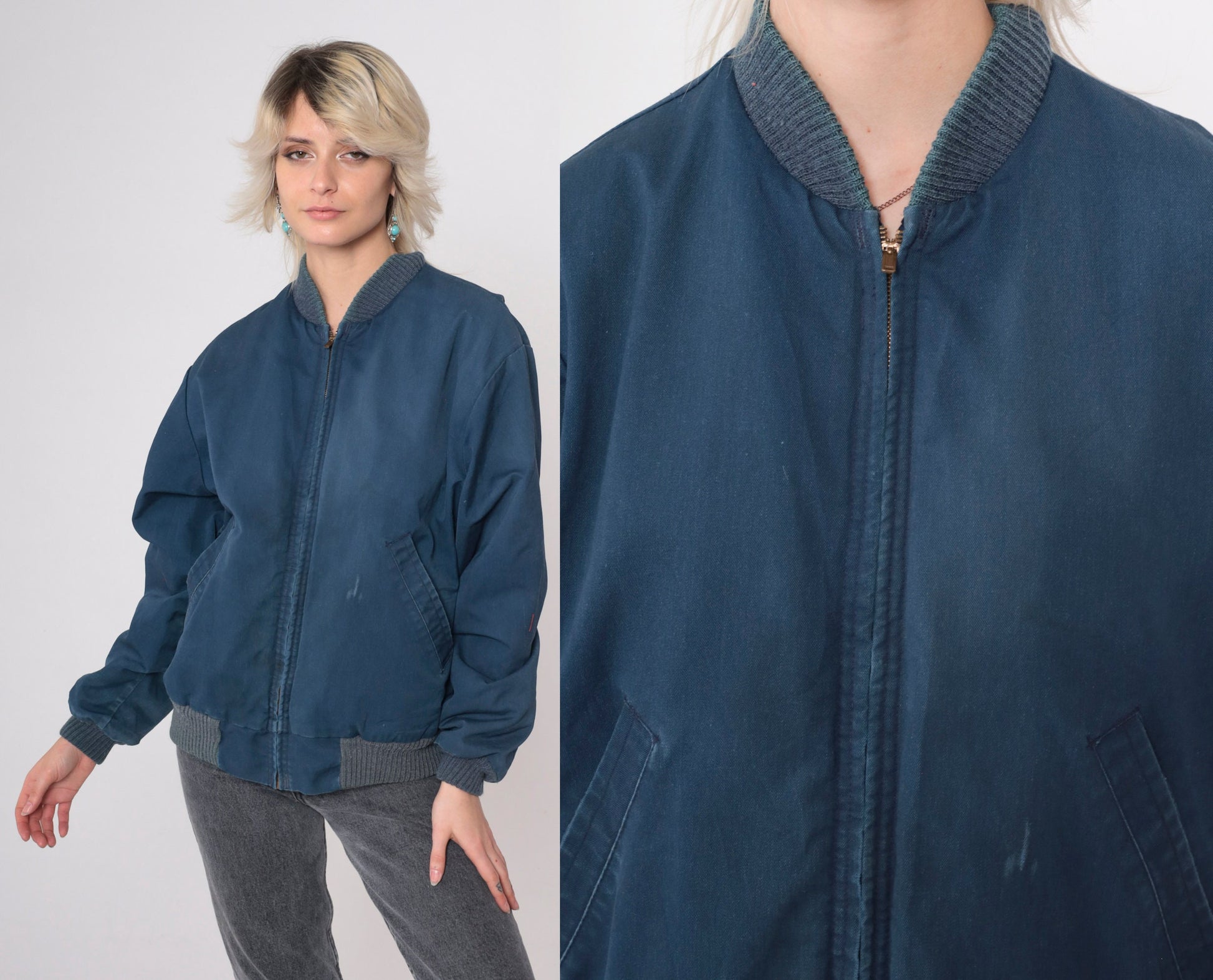 80s Navy Windbreaker Jacket Red Quilted Lining Zip Bomber Medium