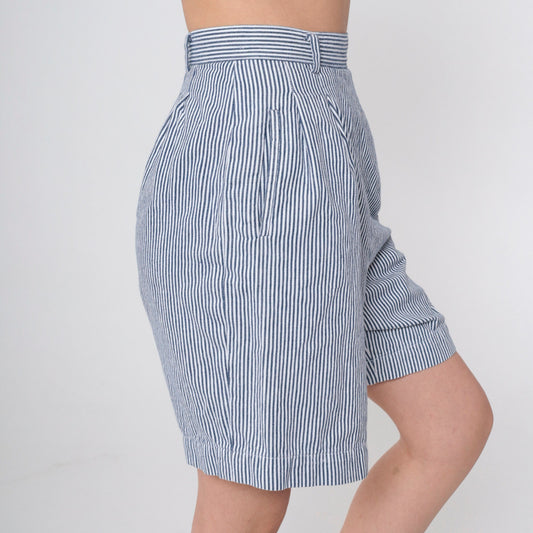 90s Pinstriped High-Waisted Pleated Shorts White Blue Small
