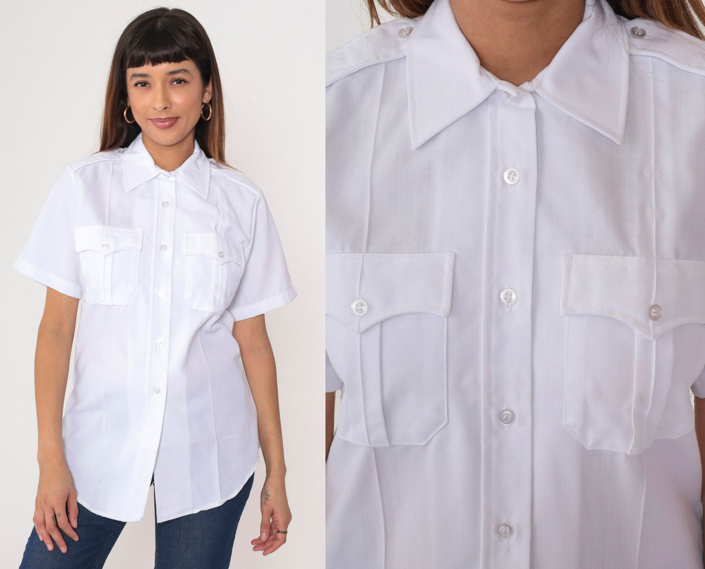 80s Flying Cross White Utility Shirt Button Up Uniform Medium