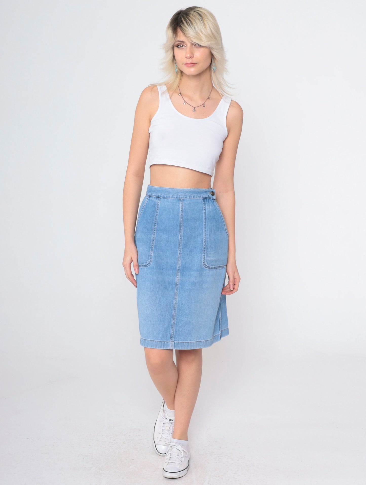 90s High-Waisted Denim Skirt Blue Knee-Length Patch Pocket Straight Large