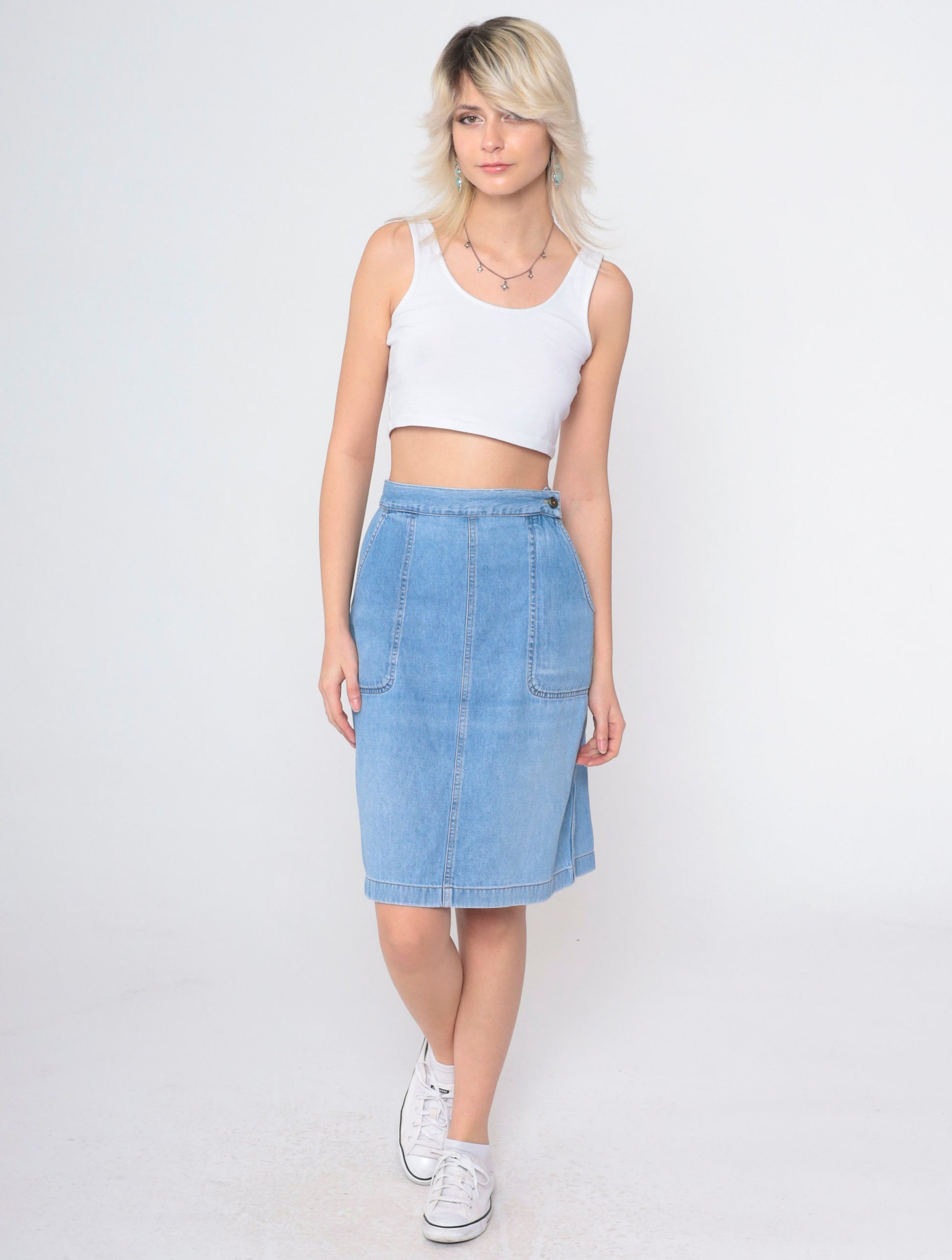 90s High-Waisted Denim Skirt Blue Knee-Length Patch Pocket Straight Large