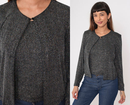 90s Silver Metallic Blouse Long Sleeve Tank Top Attached Cardigan Medium