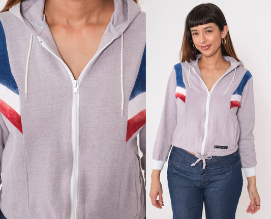 80s Aspen Hooded Track Jacket Grey Velour Striped Zip-Up Hoodie Small