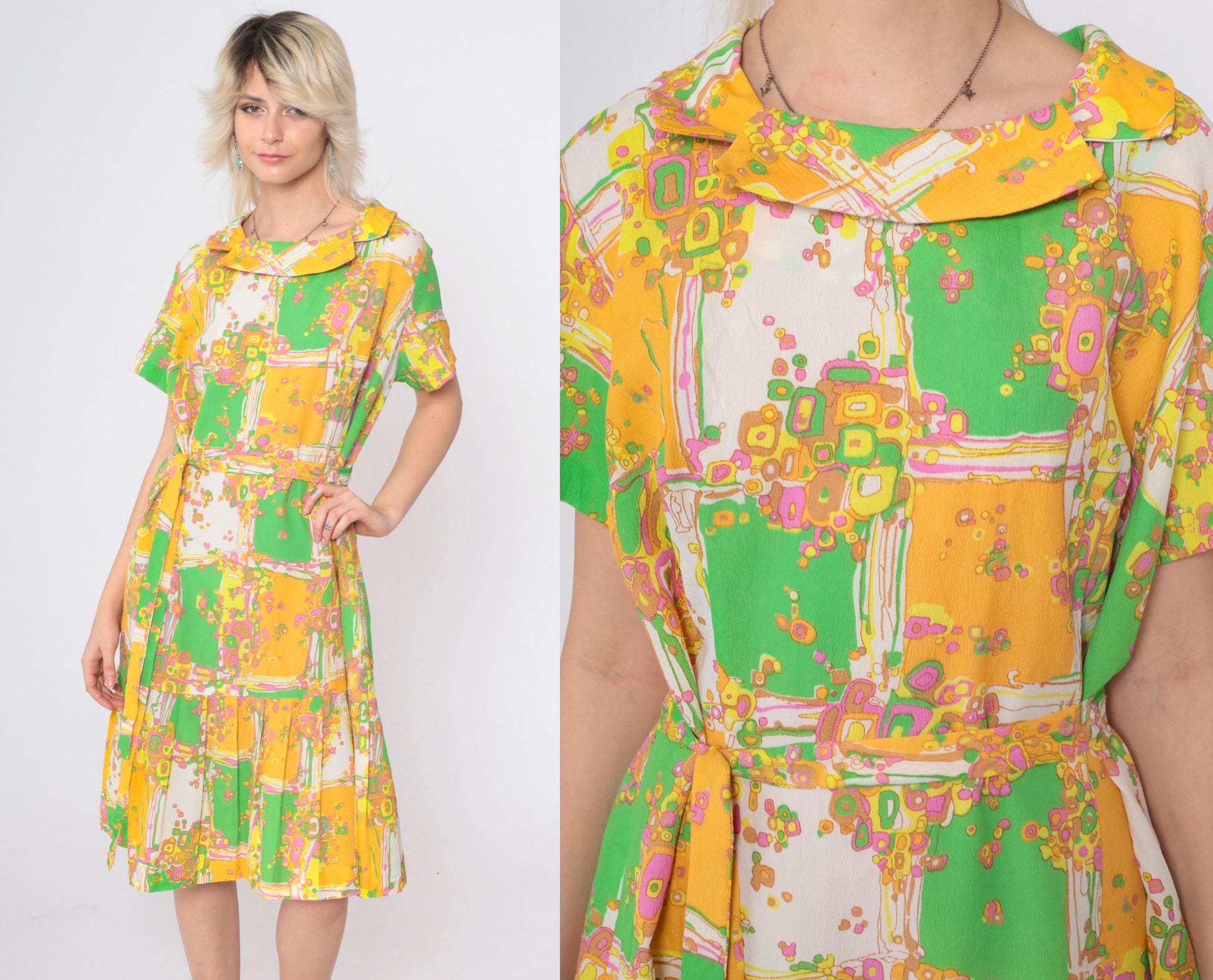 60s Psychedelic Patchwork Shift Dress Geometric Print Pleated Midi Large