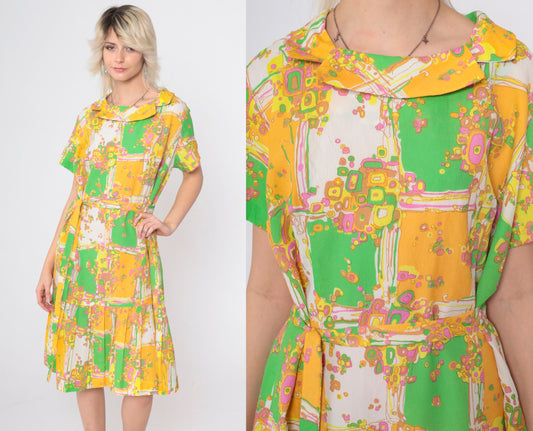 60s Psychedelic Patchwork Shift Dress Geometric Print Pleated Midi Large