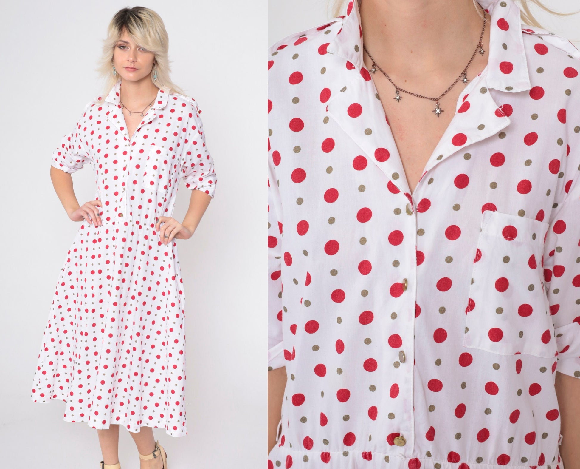 80s Polka Dot Button-Up Midi Dress White Red Short Sleeve Low Waist Medium