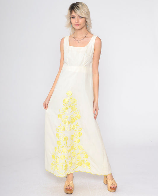 70s Floral Embroidered Maxi Dress Cream Sleeveless High Waist Small