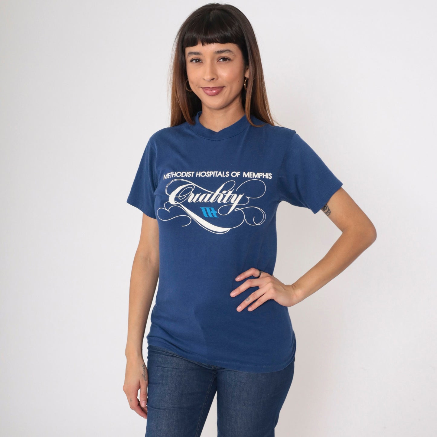 80s Methodist Hospitals of Memphis Graphic T-Shirt Blue Single Stitch Small