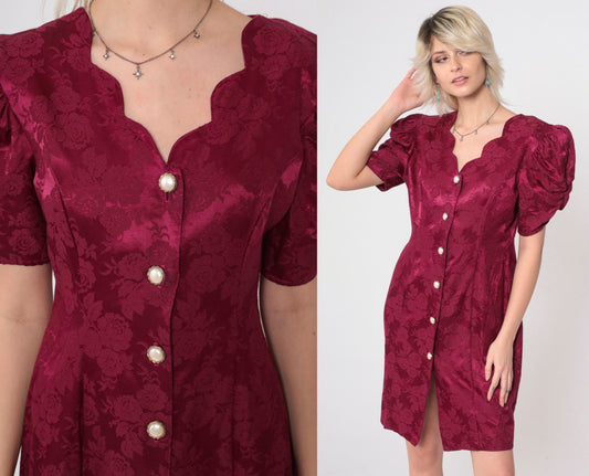 80s Burgundy Floral Brocade Mini Dress Pearl Buttons Puff Sleeve Medium