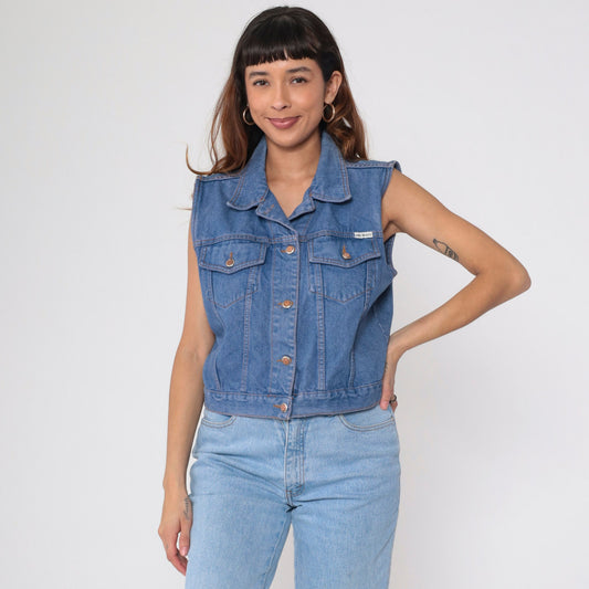 90s Bill Blass Cropped Denim Vest Blue Jean Sleeveless Button-Up Medium