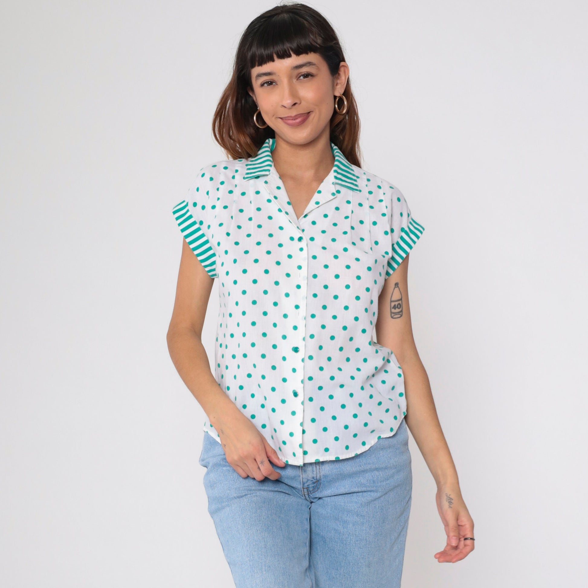 80s White Polka Dot Blouse Green Striped Collar Button Up Cap Sleeve Medium