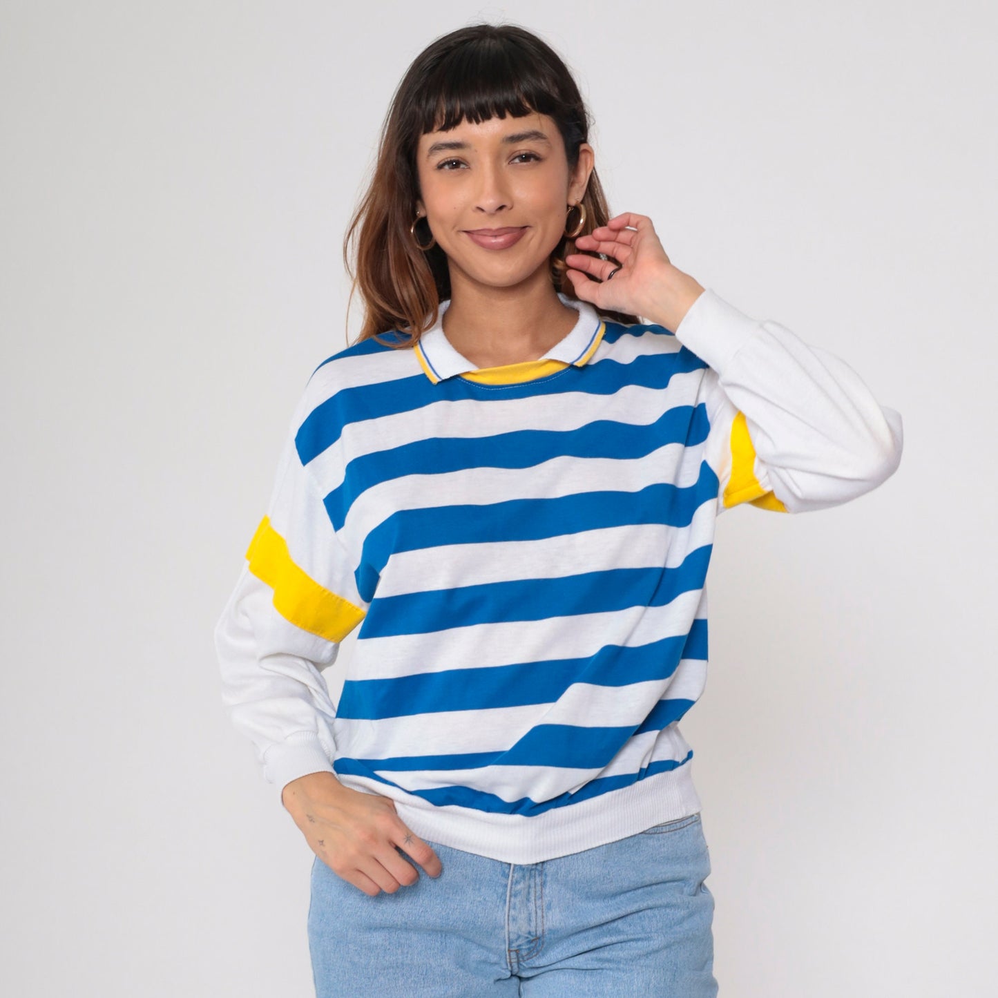 80s Blue White Striped Collared Shirt Yellow Trim Long Sleeve Medium
