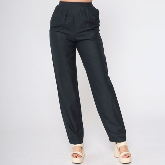 80s Black Silk Pleated Trousers High Waisted Straight Leg Small