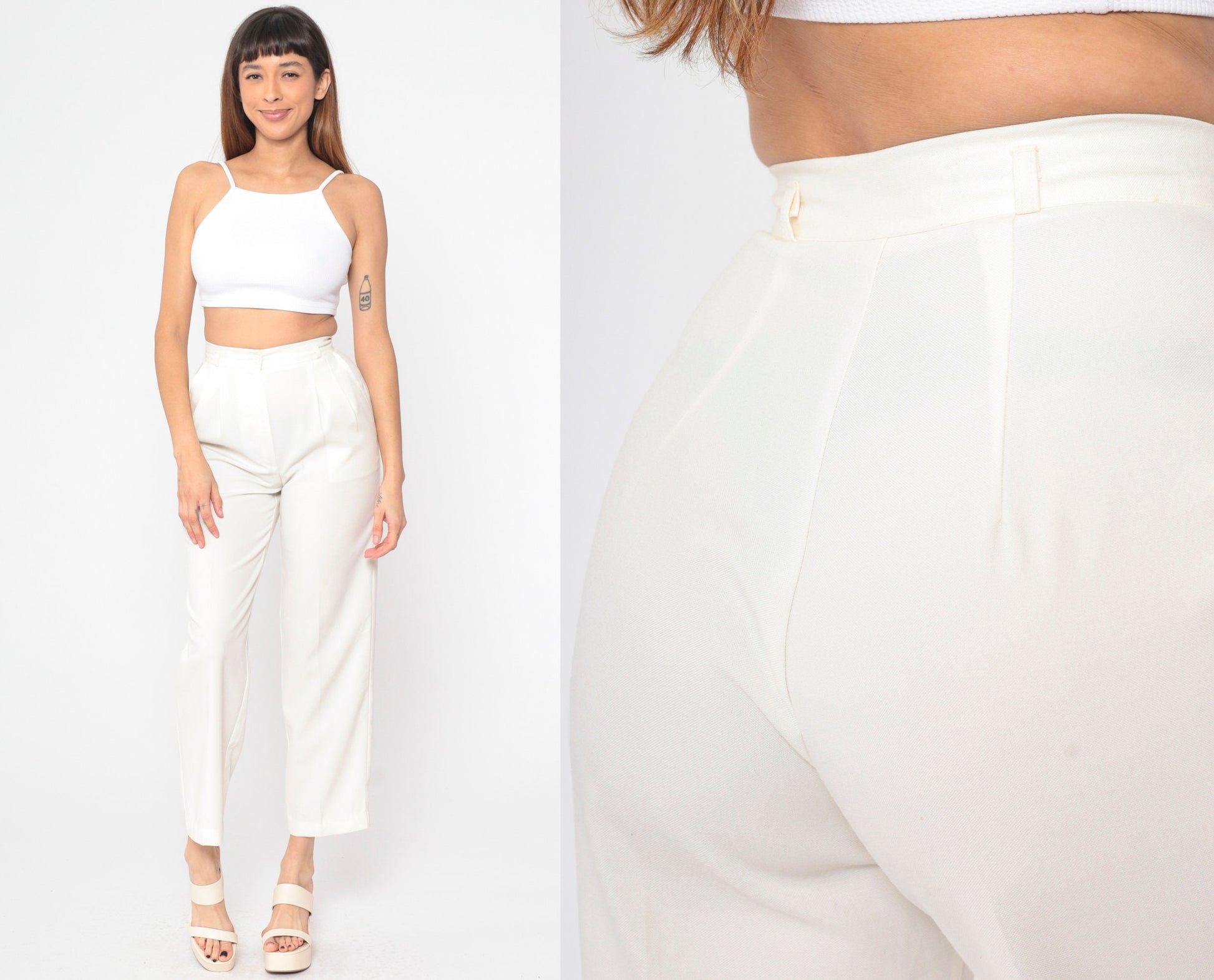 80s Off-White Pleated High-Waisted Straight Leg Trousers Extra Small