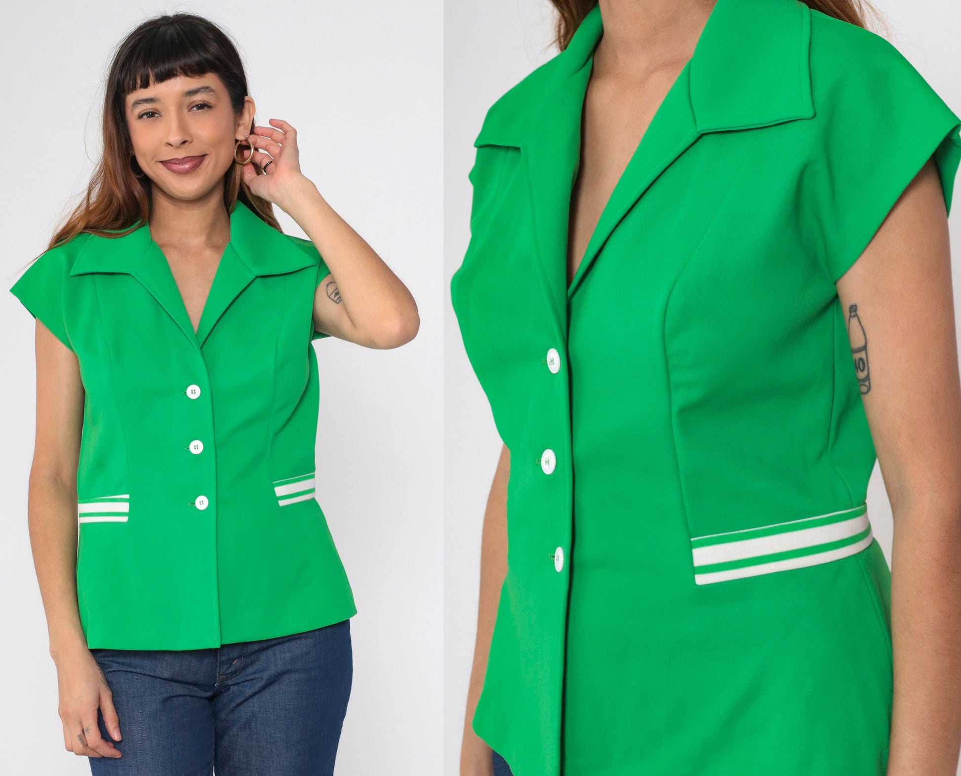 70s Green Button-Up Blouse White Striped Cap Sleeve Collared Shirt Medium