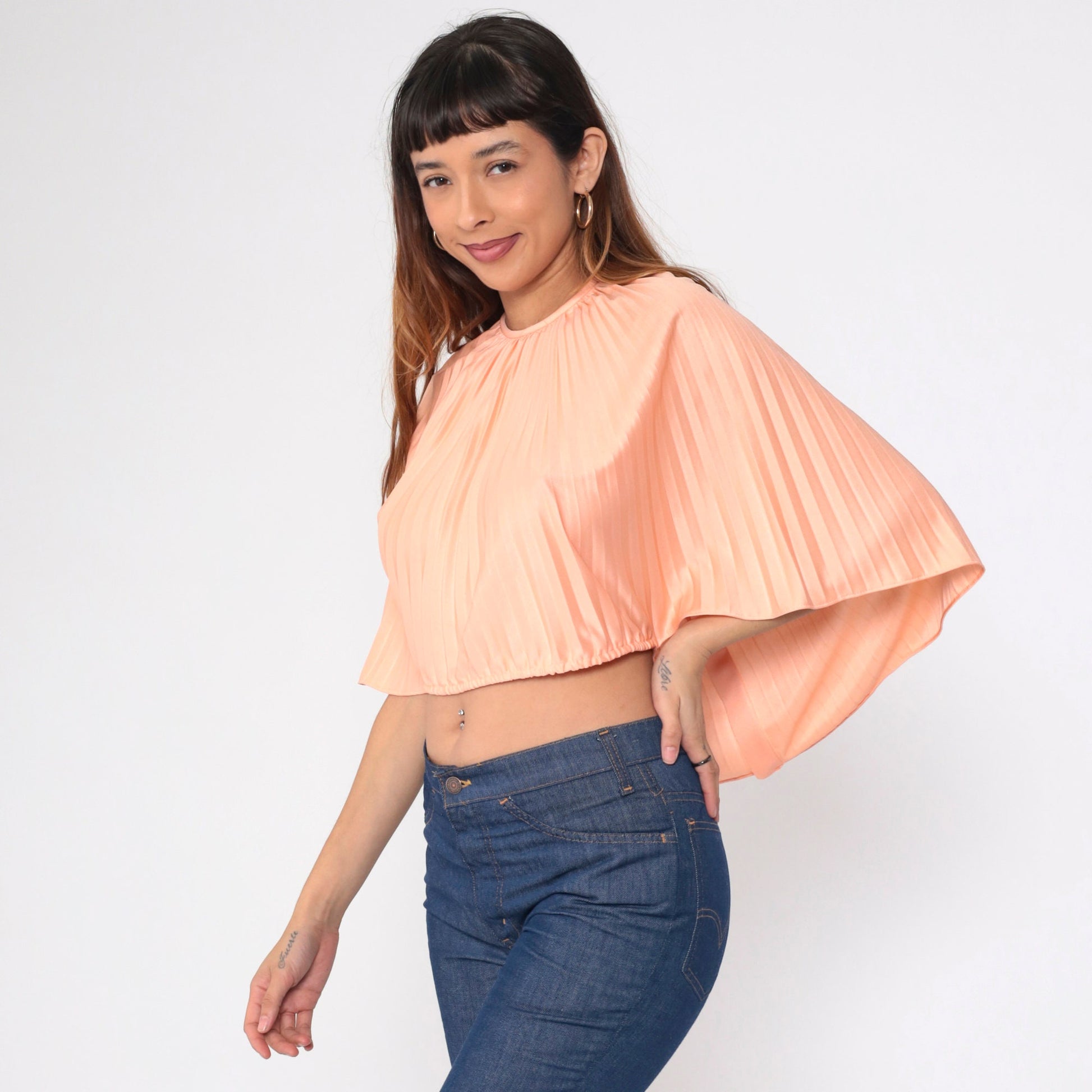 70s Peach Pleated Crop Blouse Wide Sleeve Keyhole Back Small