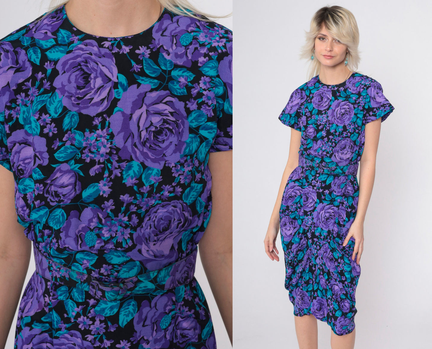 90s All That Jazz Floral Sheath Dress Purple Rose Print Knee-Length Small