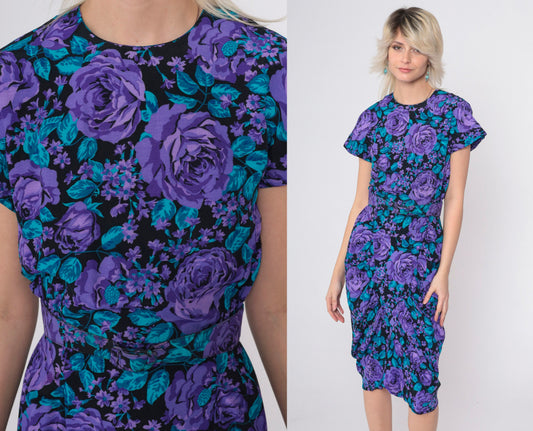 90s All That Jazz Floral Sheath Dress Purple Rose Print Knee-Length Small
