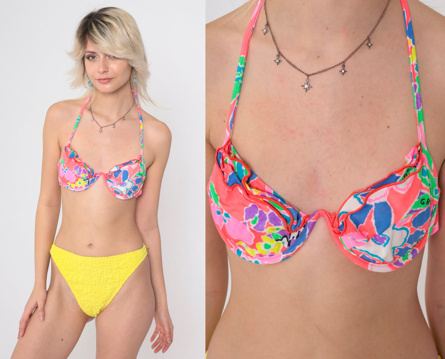 90s Neon Tropical Floral Halter Bikini Top Underwire Ruffled Swim XS