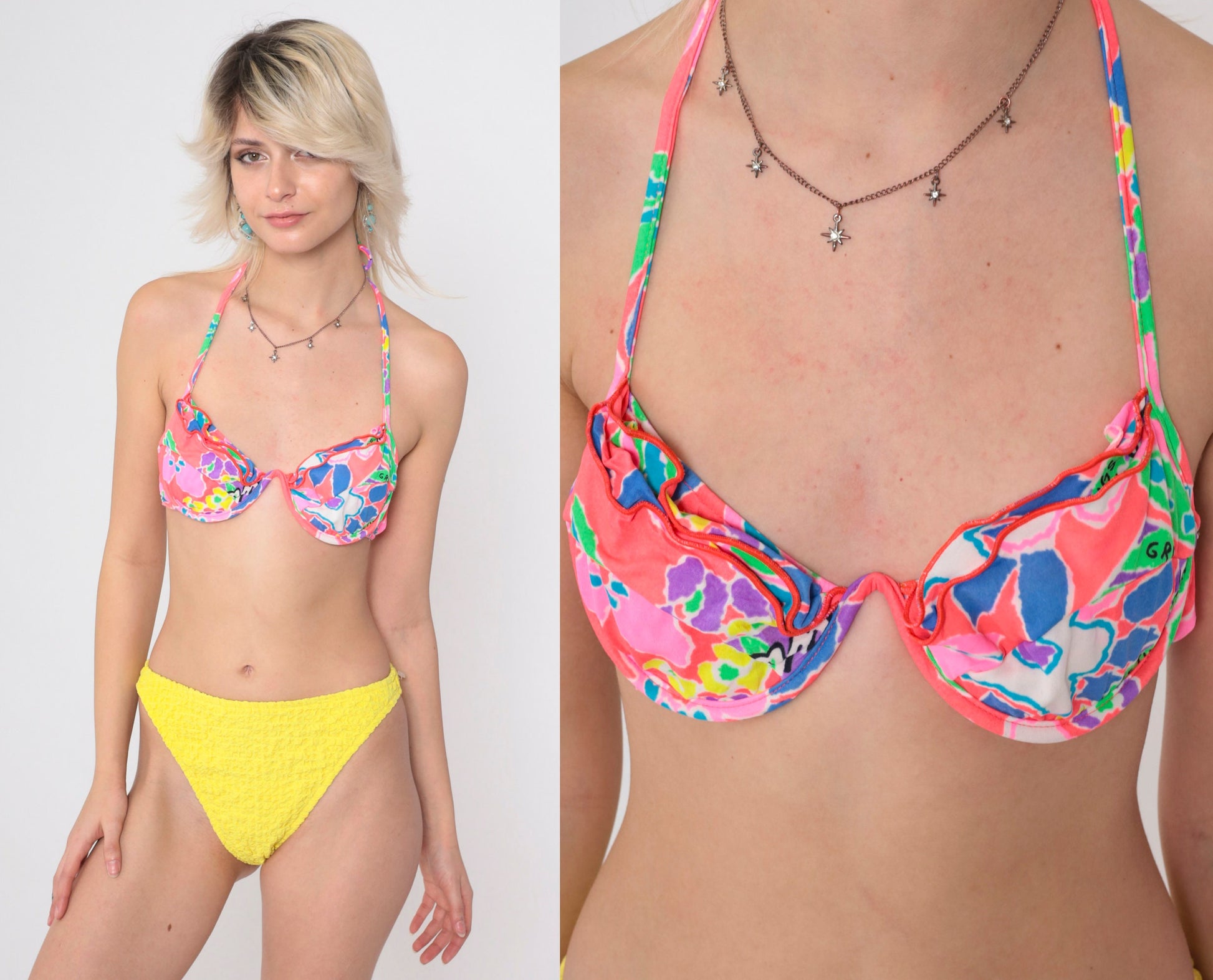 90s Neon Tropical Floral Halter Bikini Top Underwire Ruffled Swim XS