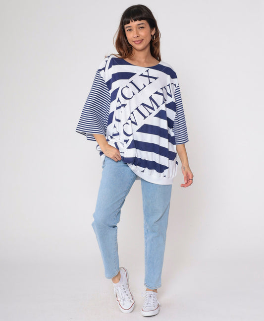 80s Roman Numerals Alphabet Graphic Tee Striped Sleeves White Blue Plus Size XXL