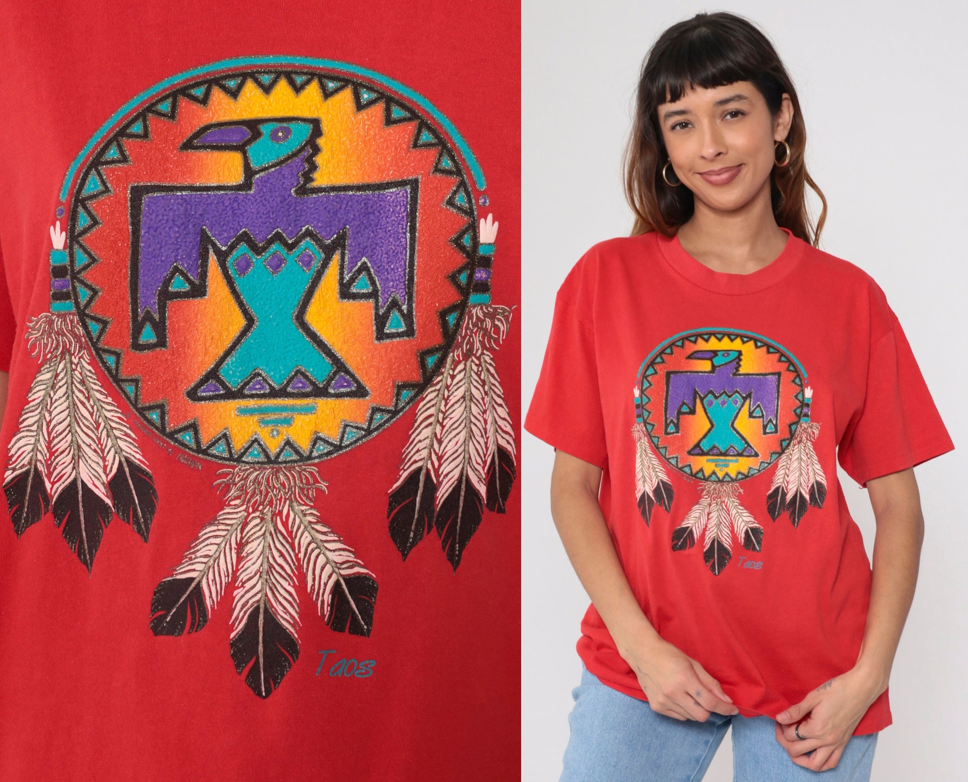 90s Taos New Mexico Eagle Graphic Tee Red Glitter Native American Large L