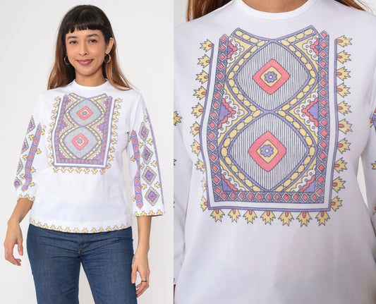 70s Geometric Floral Graphic Blouse White 3/4 Sleeve Zip Back Small