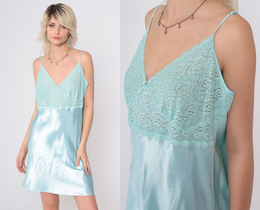 90s Aqua Floral Lace Satin Slip Dress Mini Nightgown Spaghetti Strap Large