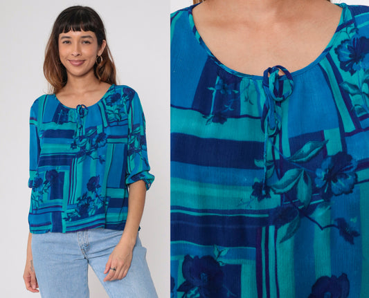 90s Dena Lauren Floral Blouse Tie Neck Blue Rayon 3/4 Sleeve Medium