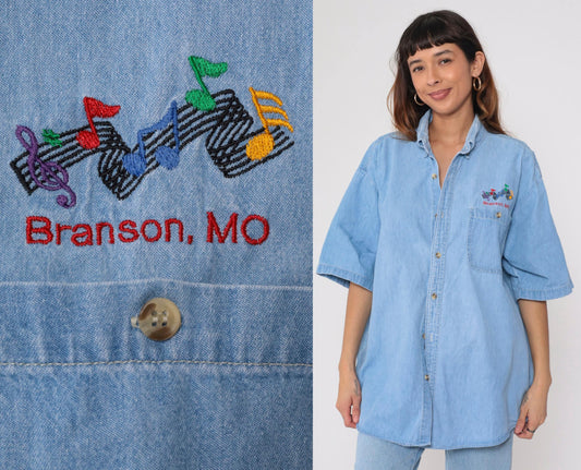 90s Branson Missouri Denim Shirt Music Note Blue Jean Button Up Extra Large