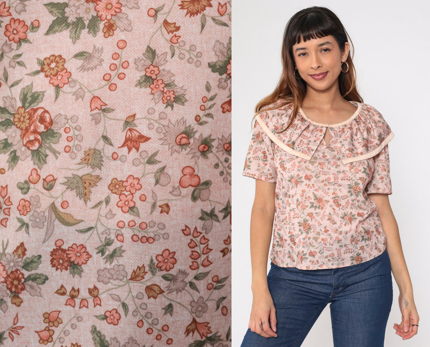 70s Pink Floral Blouse Short Sleeve Ruffled Bib Collar Medium