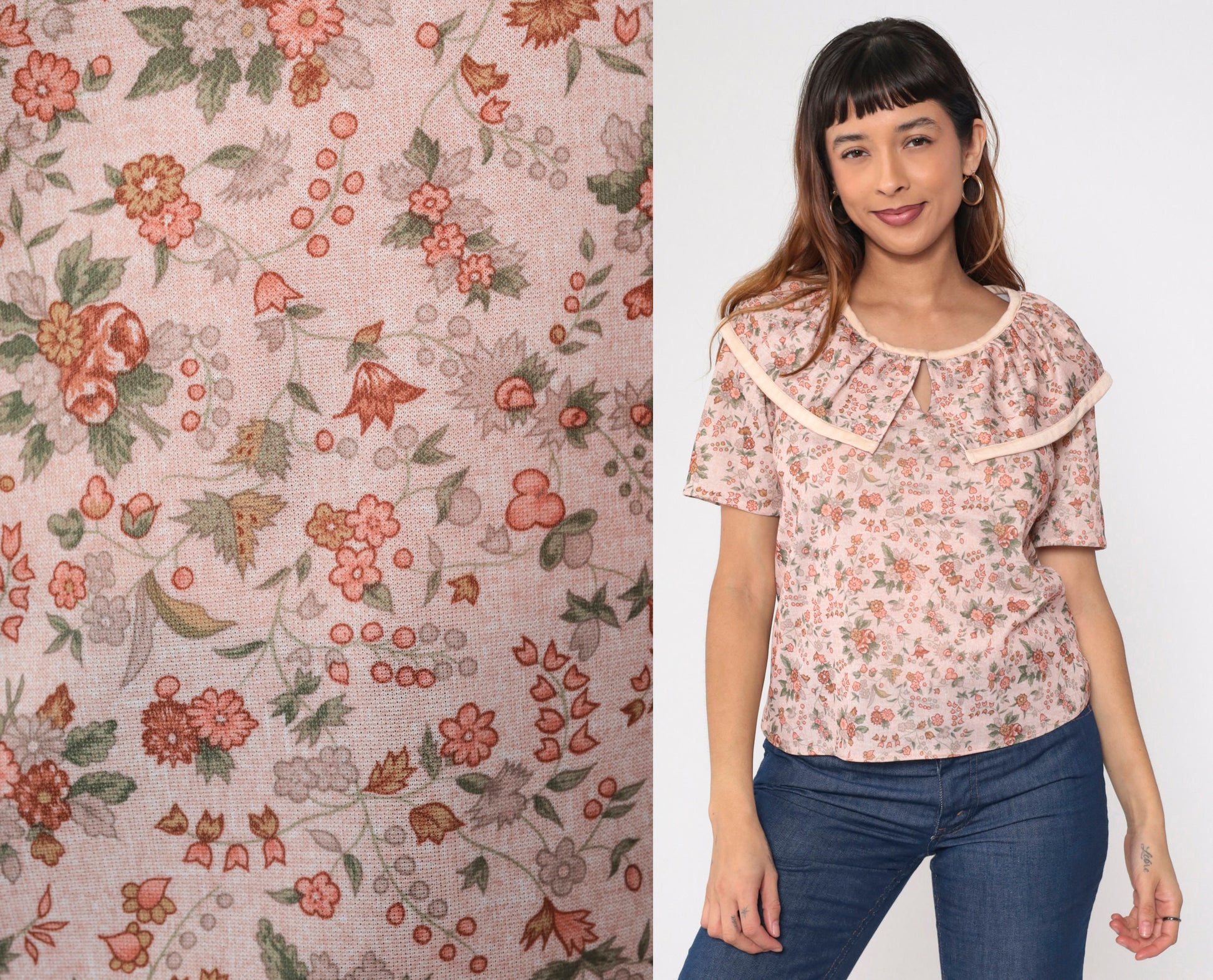 70s Pink Floral Blouse Short Sleeve Ruffled Bib Collar Medium